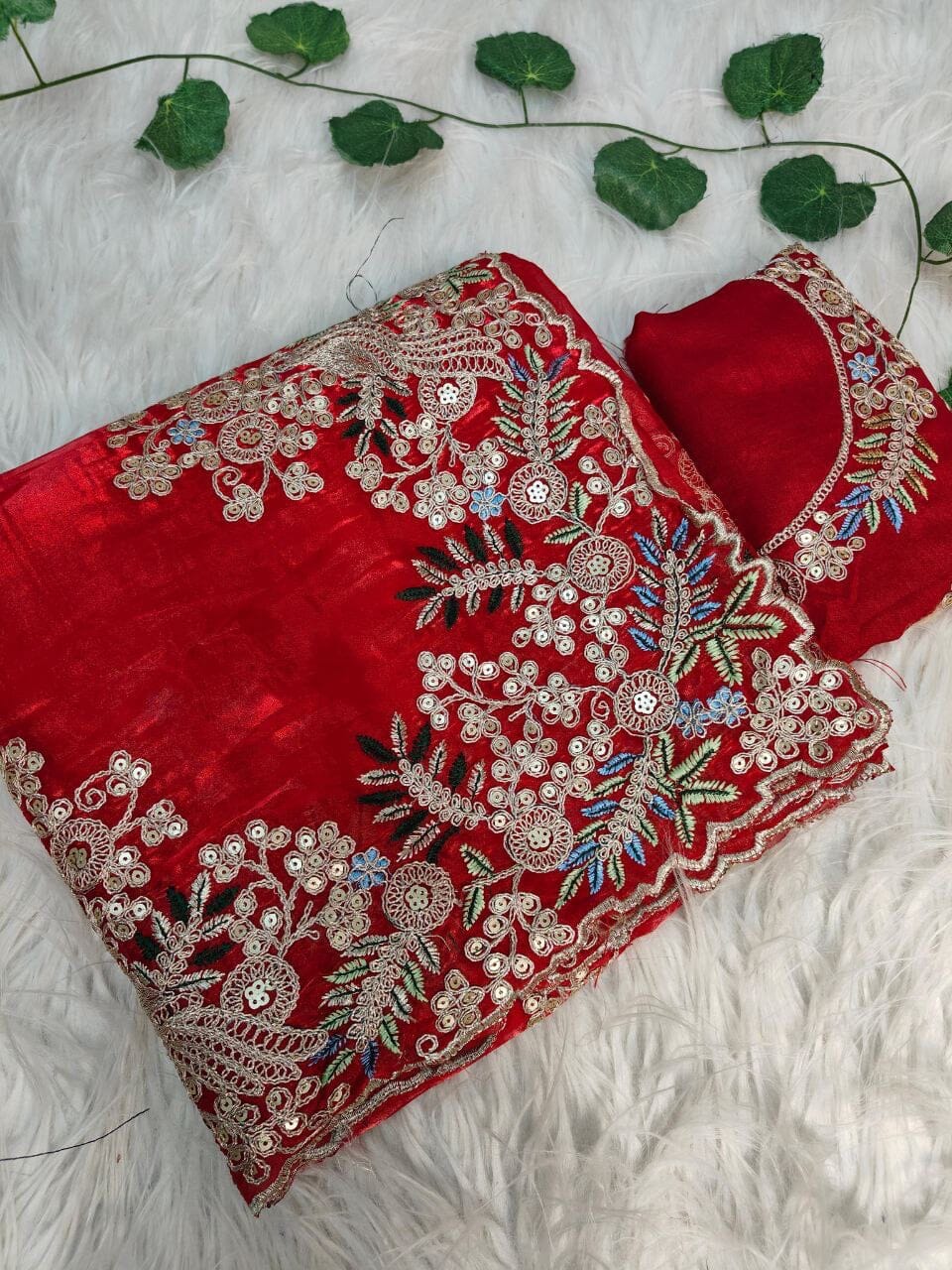 Hot Red Pure Jimmy Choo Silk with Coding Sequence Embroidered work Designer Saree Designer saree Shopin Di Apparels