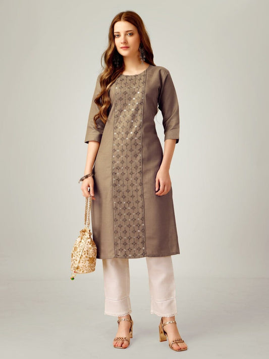 Khakhi Cotton Blend Sequence Embroidered Work Kurti with Pant Kurti with Pant Shopin Di Apparels
