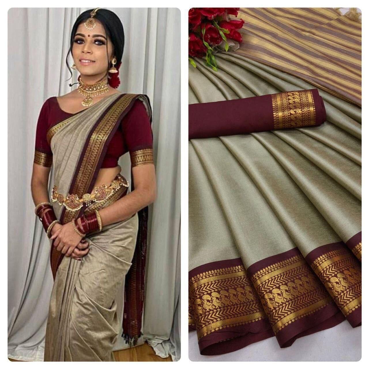 Khaki Maroon Aura Silk Saree with matching blouse Silk Cotton Saree Shopin Di Apparels