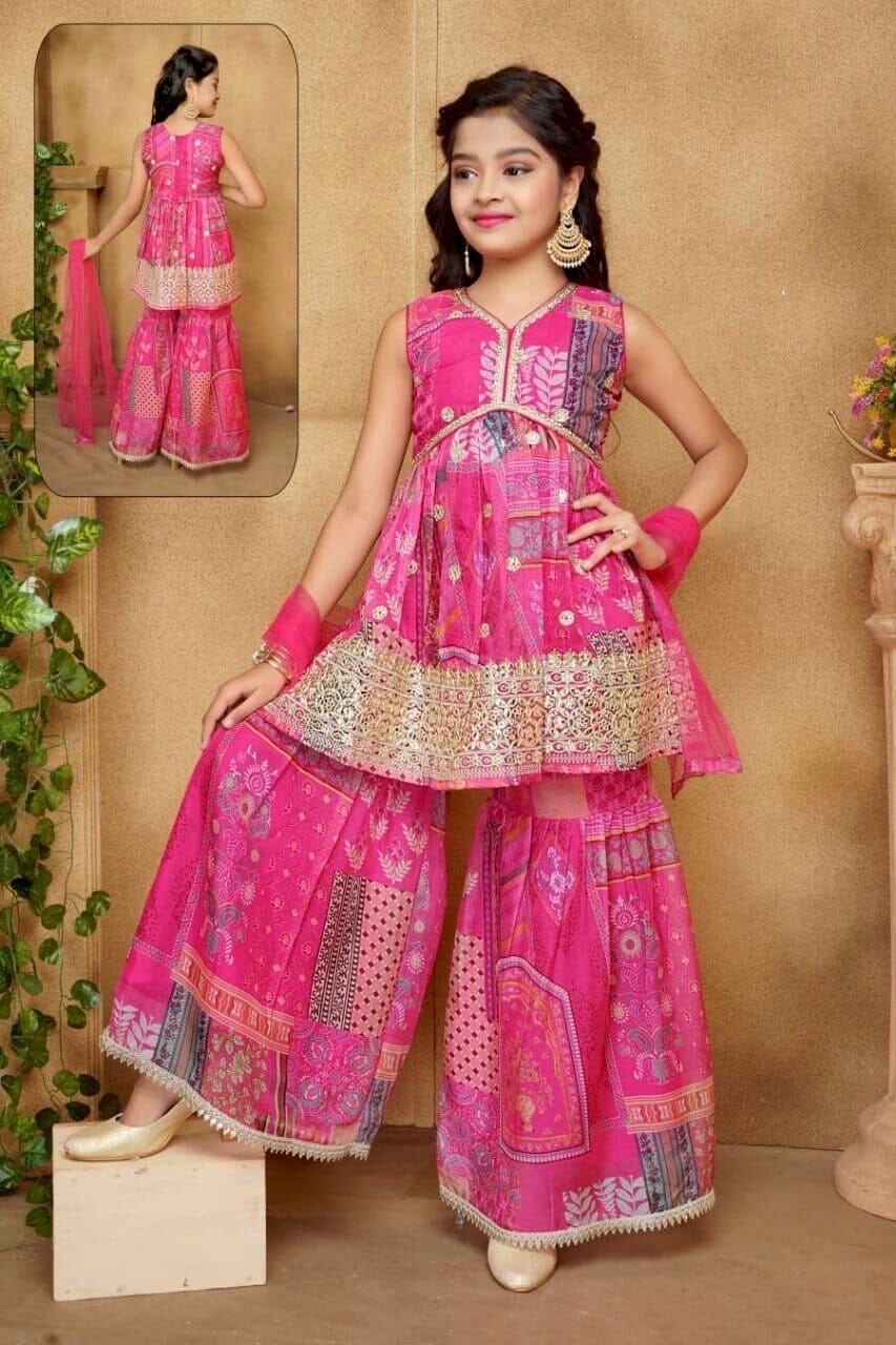Kid’s Pink Alia Cut Heavy Japan satin Sharara Suit Kid's Suits Shopin Di Apparels