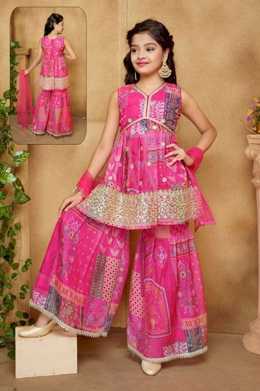 Kid’s Pink Alia Cut Heavy Japan satin Sharara Suit Kid's Suits Shopin Di Apparels