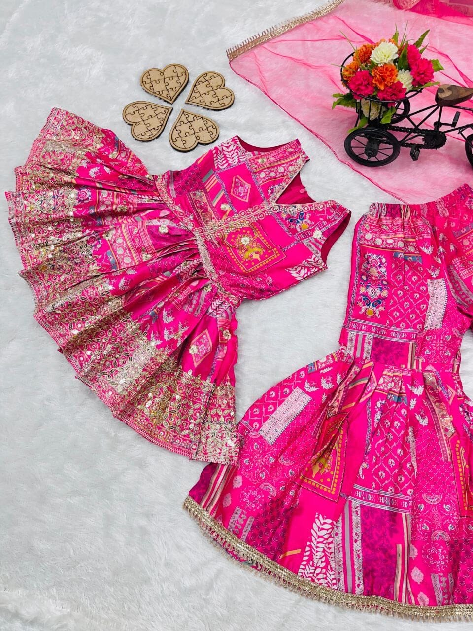 Kid’s Pink Alia Cut Heavy Japan satin Sharara Suit Kid's Suits Shopin Di Apparels
