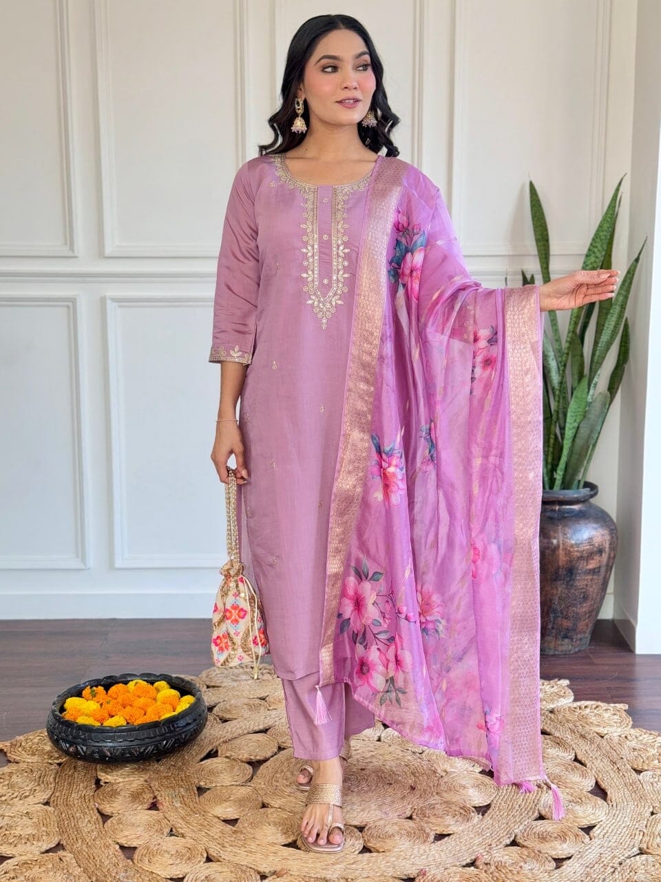 Lavender Purple Embroidered Chanderi Kurti with Jacquard Dupatta and Pant set Kurti with Bottom and Dupatta Shopin Di Apparels