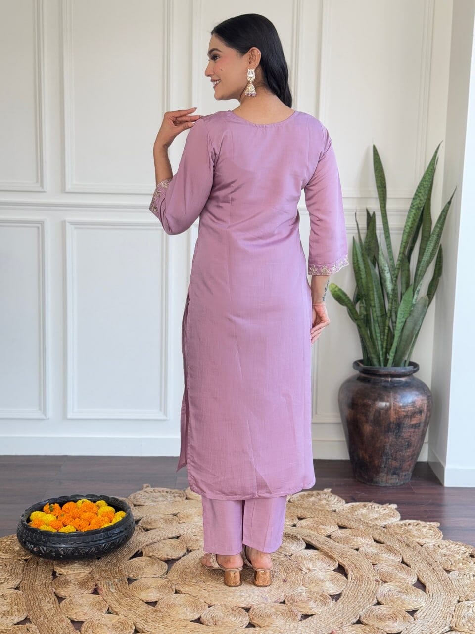 Lavender Purple Embroidered Chanderi Kurti with Jacquard Dupatta and Pant set Kurti with Bottom and Dupatta Shopin Di Apparels