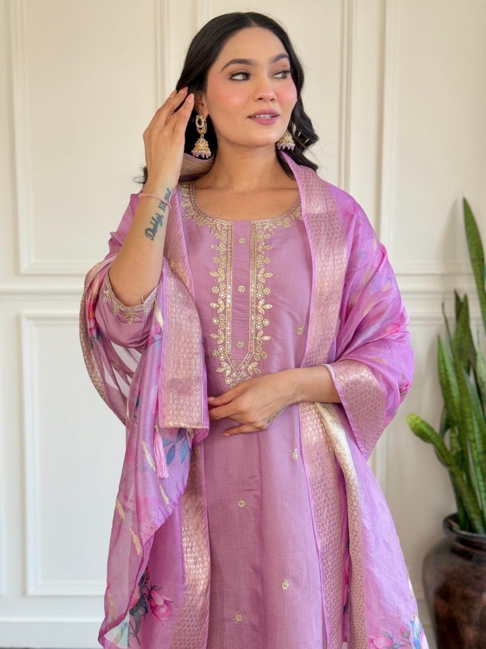 Lavender Purple Embroidered Chanderi Kurti with Jacquard Dupatta and Pant set Kurti with Bottom and Dupatta Shopin Di Apparels