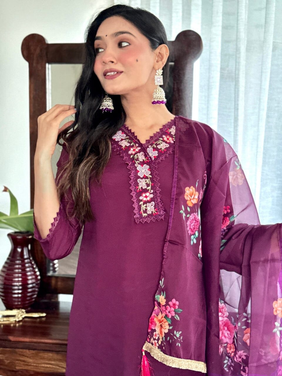 Lavender Purple Embroidered Chanderi Top with Silk Dupatta and Pant set Kurti with Bottom and Dupatta Shopin Di Apparels