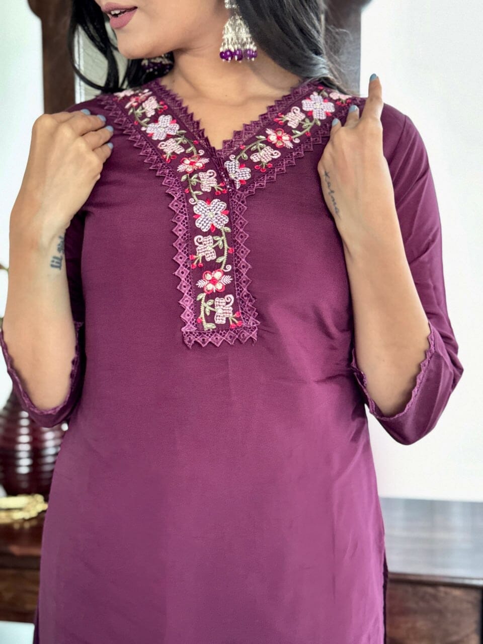 Lavender Purple Embroidered Chanderi Top with Silk Dupatta and Pant set Kurti with Bottom and Dupatta Shopin Di Apparels