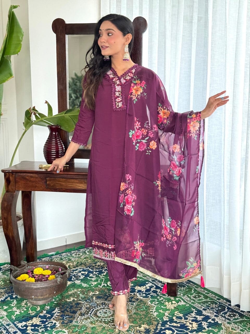 Lavender Purple Embroidered Chanderi Top with Silk Dupatta and Pant set Kurti with Bottom and Dupatta Shopin Di Apparels