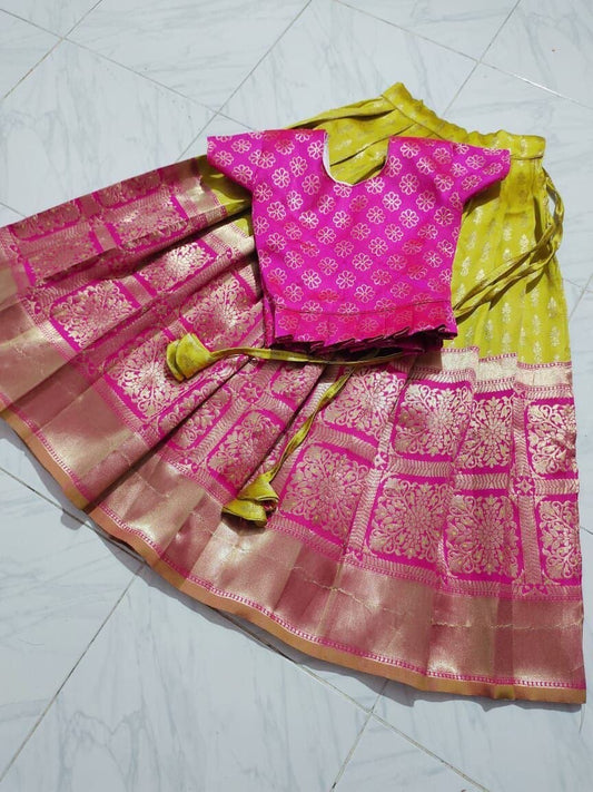 Lemon Yellow Pink Silk Kid's Lehenga Festival Wear Pavadai Sattai 3 colors Kid's Lehenga Shopindiapparels.com