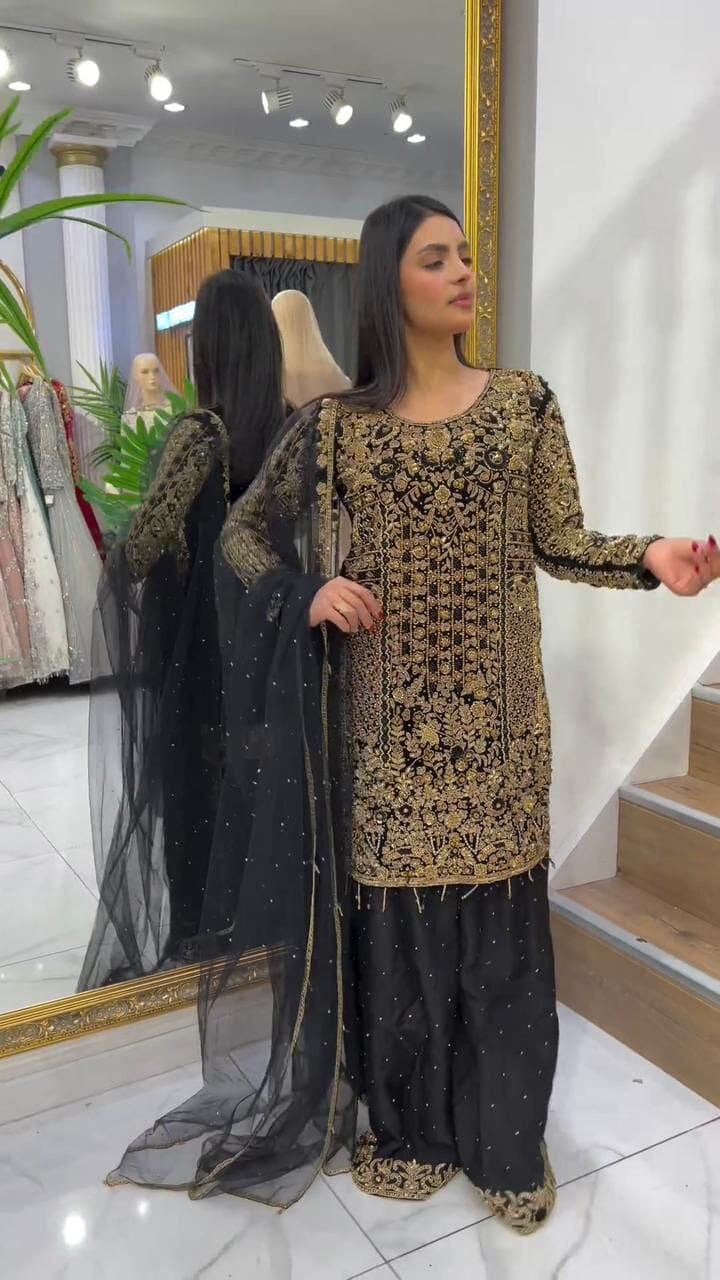 Lg 1818 Black Designer Heavy Georgette Sequence and Diamond Work Suit with Plazzo Ready Made Designer Suits Shopin Di Apparels