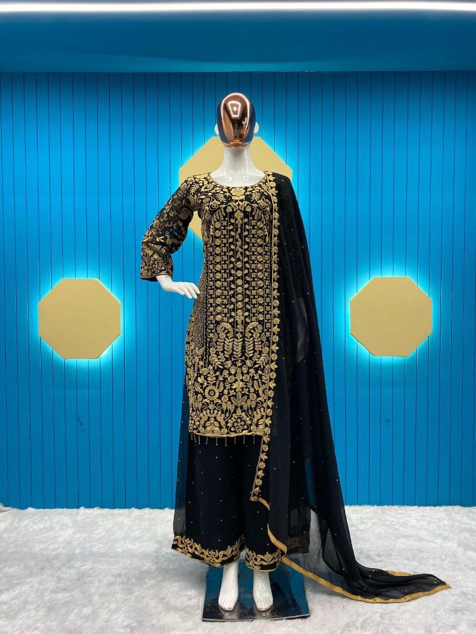 Lg 1818 Black Designer Heavy Georgette Sequence and Diamond Work Suit with Plazzo Ready Made Designer Suits Shopin Di Apparels