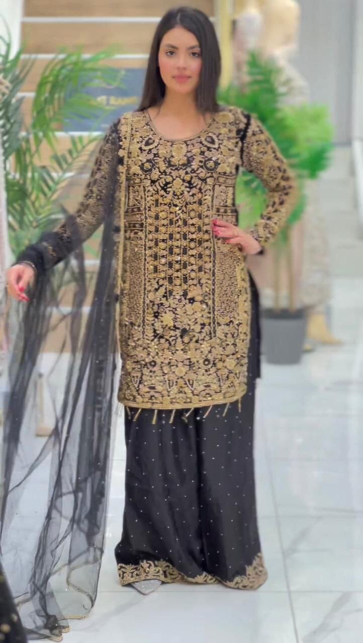 Lg 1818 Black Designer Heavy Georgette Sequence and Diamond Work Suit with Plazzo Ready Made Designer Suits Shopin Di Apparels