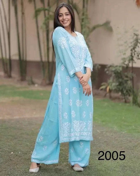 Light Blue Heavy Rayon Chikankari Embroidered Kurti and Plazzo Set Kurti with Plazzo Shopin Di Apparels