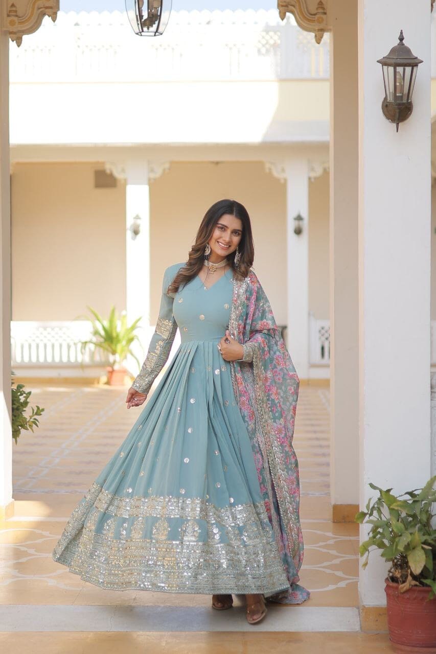 Light Blue Premium Readymade Designer Georgette Sequence Work Gown with Tabby silk Embroidered Dupatta Gown with Dupatta Shopin Di Apparels