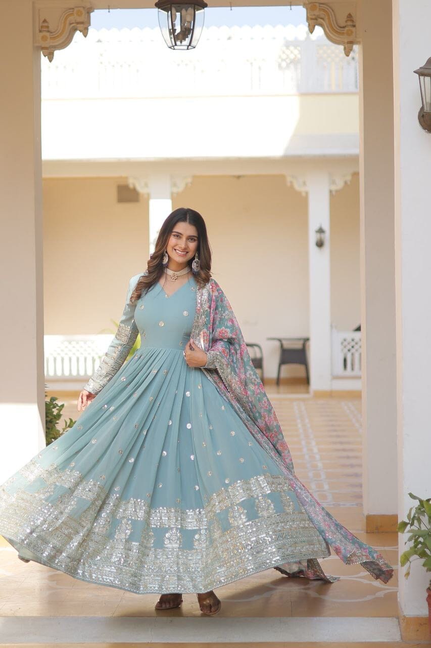 Light Blue Premium Readymade Designer Georgette Sequence Work Gown with Tabby silk Embroidered Dupatta Gown with Dupatta Shopin Di Apparels