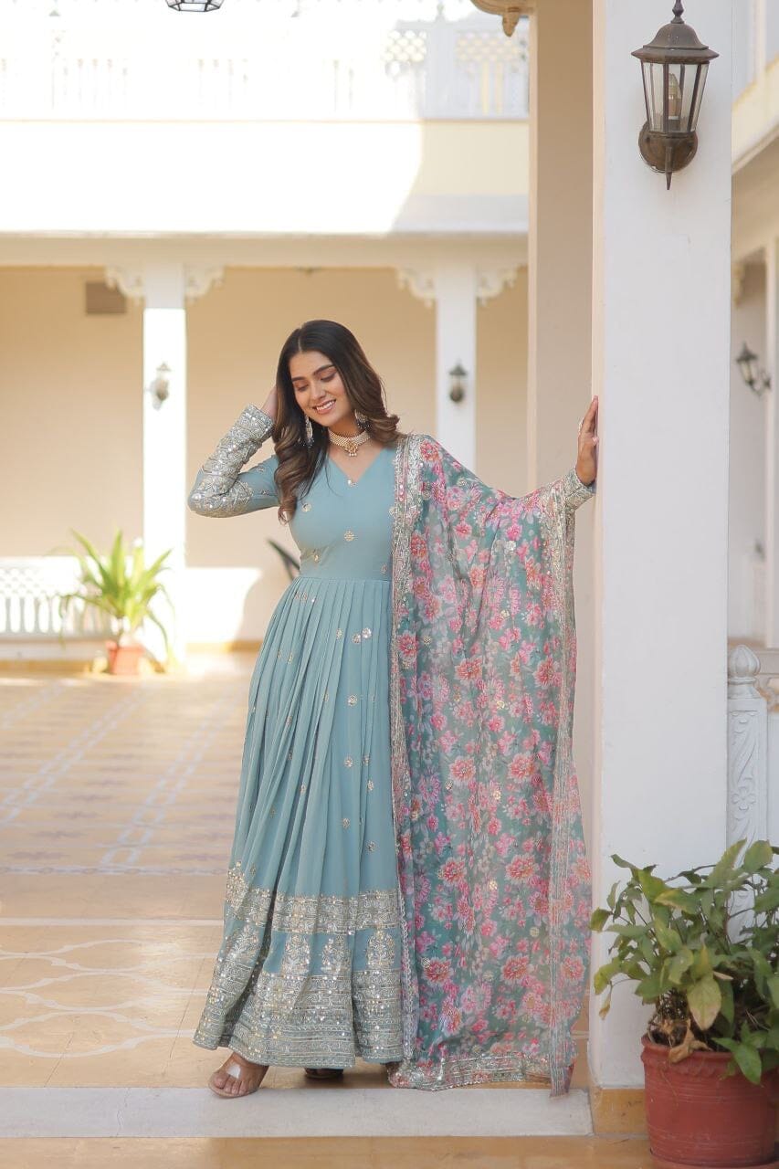 Light Blue Premium Readymade Designer Georgette Sequence Work Gown with Tabby silk Embroidered Dupatta Gown with Dupatta Shopin Di Apparels
