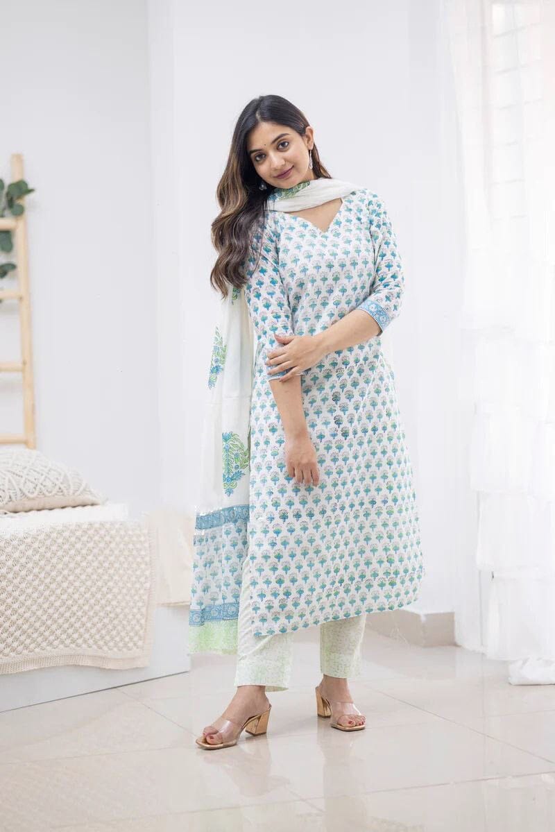 Light Blue Printed Cotton Designer Kurti with Dupatta and Bottom Kurti with Dupatta and Bottom Shopin Di Apparels