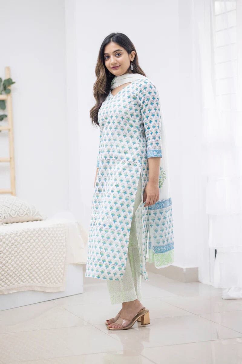 Light Blue Printed Cotton Designer Kurti with Dupatta and Bottom Kurti with Dupatta and Bottom Shopin Di Apparels