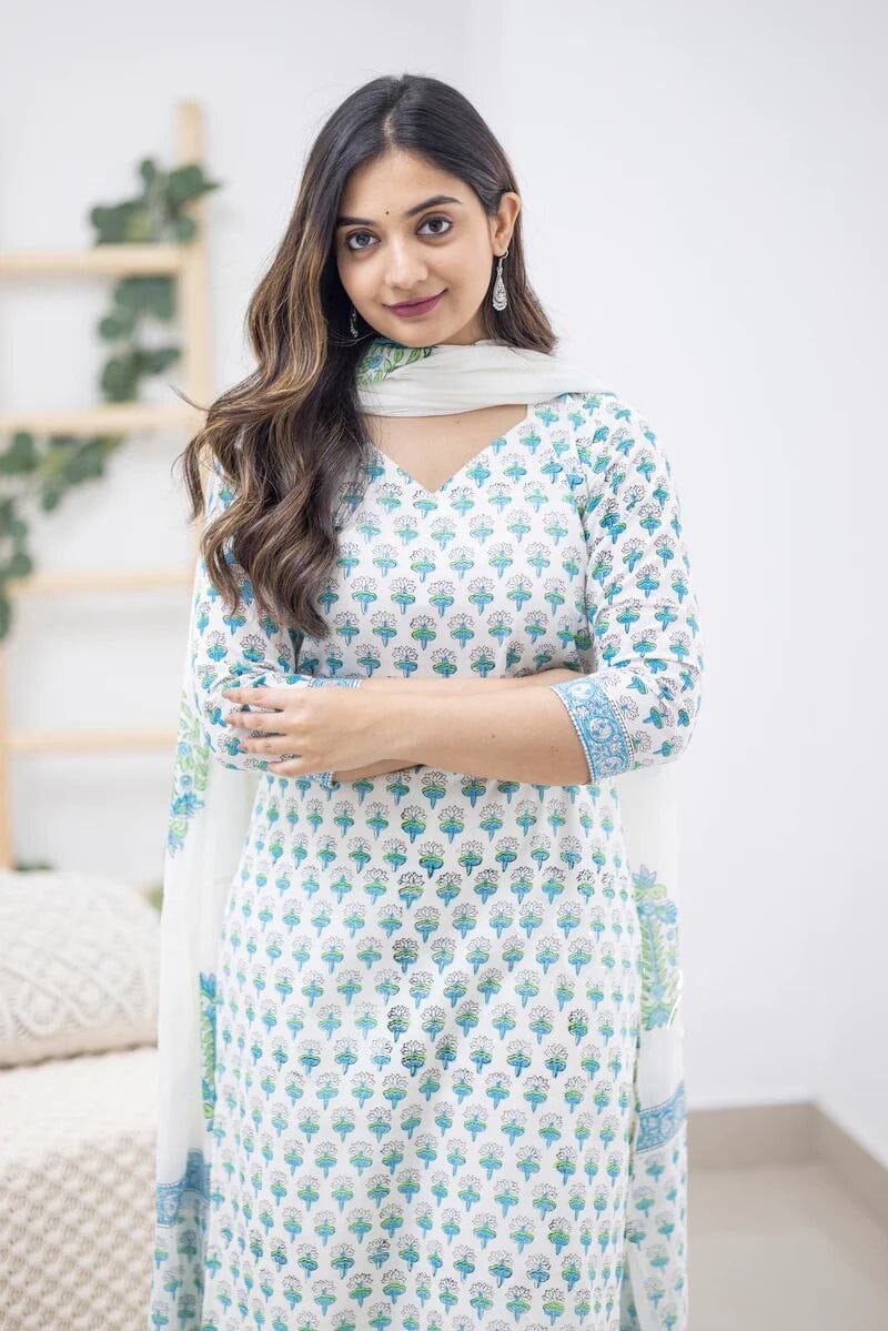 Light Blue Printed Cotton Designer Kurti with Dupatta and Bottom Kurti with Dupatta and Bottom Shopin Di Apparels