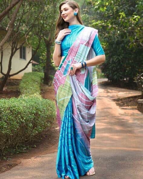 Light Blue Satin Silk Saree with Blouse Satin Saree Shopin Di Apparels