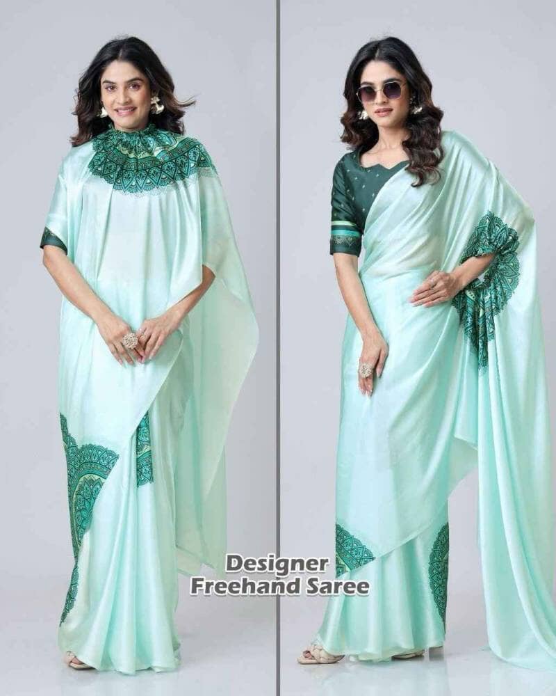 Light Green Kc 888 Digital Printed Crepe Silk Ready to Wear Saree Ready to Wear Saree Shopin Di Apparels