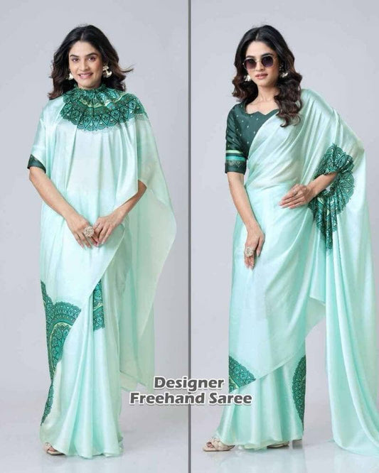 Light Green Kc 888 Digital Printed Crepe Silk Ready to Wear Saree Ready to Wear Saree Shopin Di Apparels