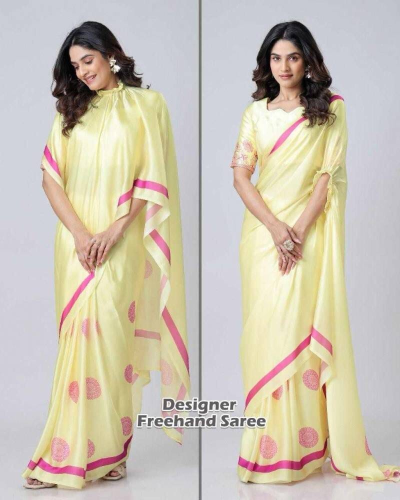 Light Yellow Kc 888 Digital Printed Crepe Silk Ready to Wear Saree Ready to Wear Saree Shopin Di Apparels