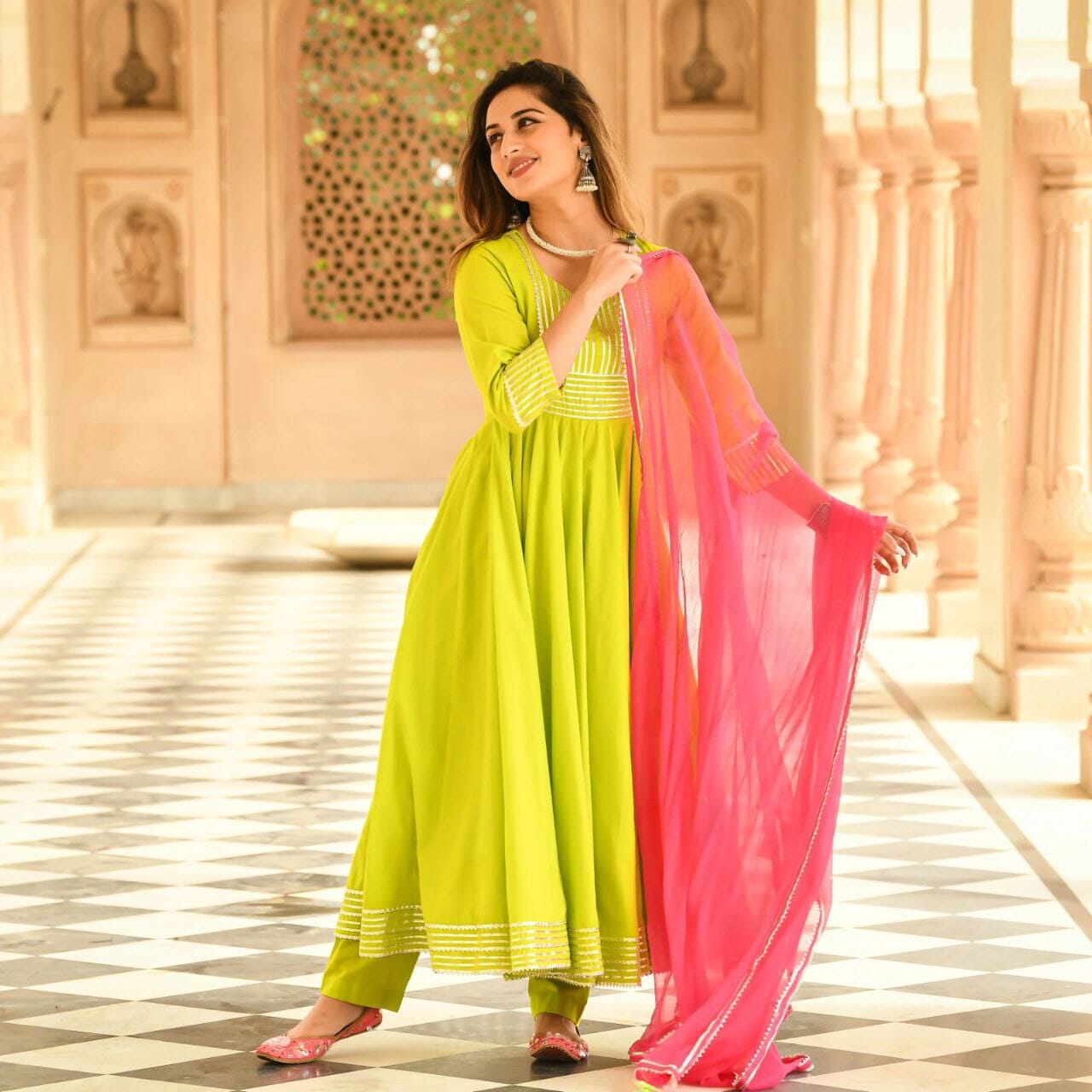 Lime Green Cotton Designer Kurti with Dupatta and Bottom Kurti with Dupatta and Bottom Shopin Di Apparels