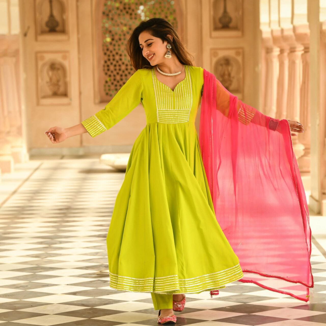 Lime Green Cotton Designer Kurti with Dupatta and Bottom Kurti with Dupatta and Bottom Shopin Di Apparels