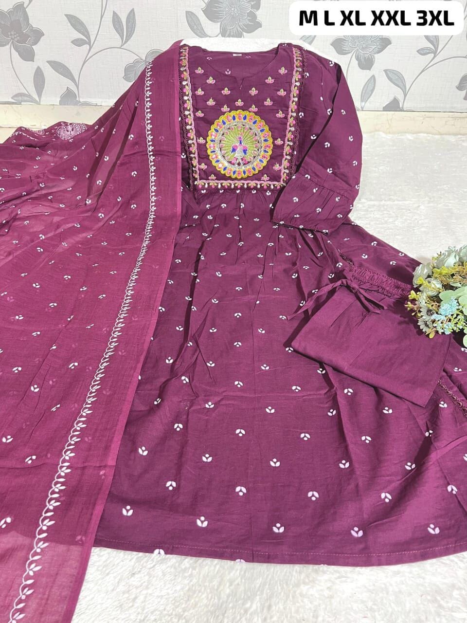 Majenta Anarkali Cotton Kurti with Dupatta and Pant Kurti with Dupatta and Bottom Shopin Di Apparels