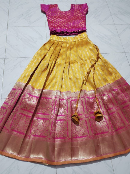 Mango Pink Silk Kid's Lehenga Festival Wear Pavadai Sattai 3 colors Kid's Lehenga Shopindiapparels.com