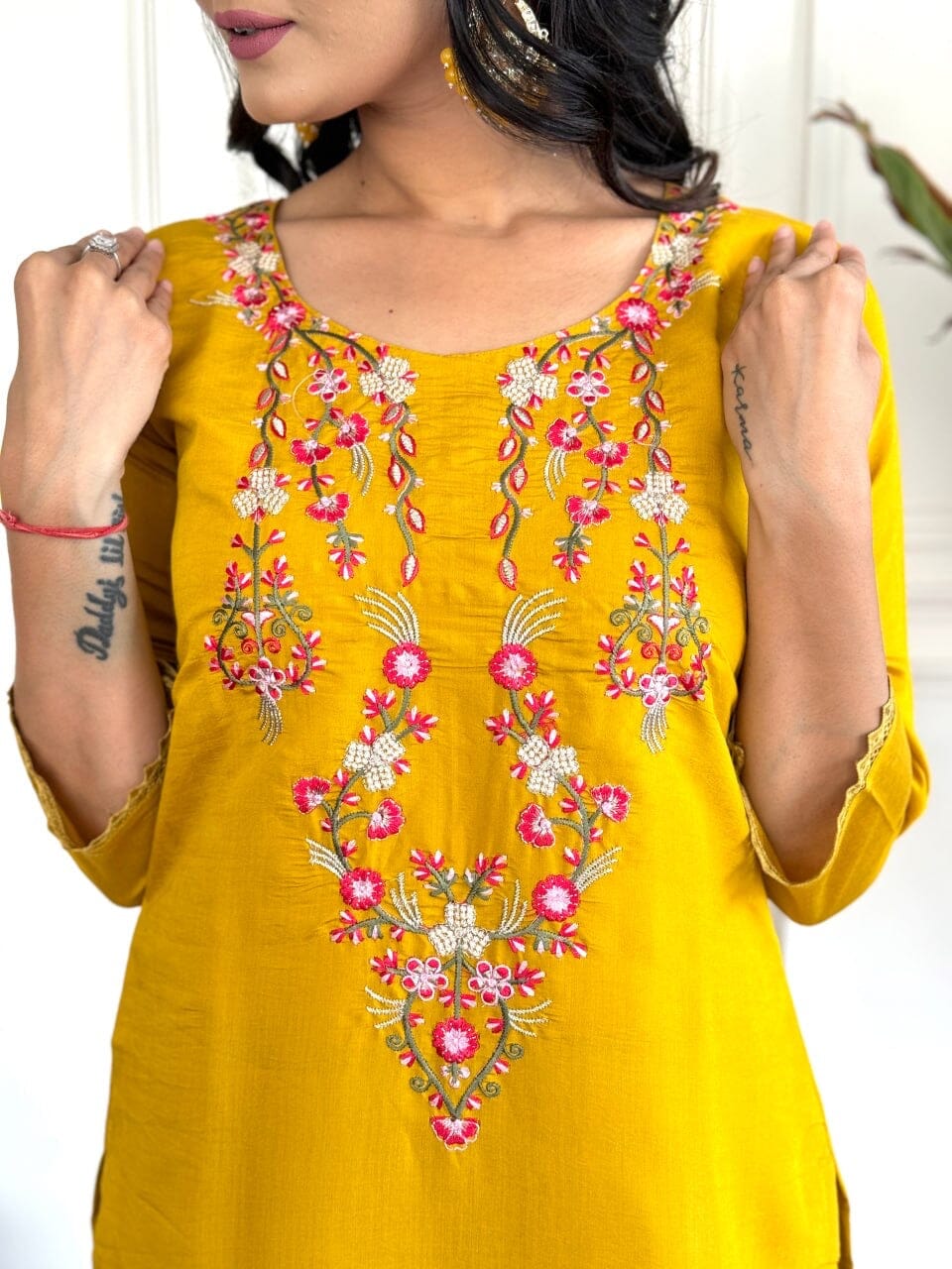 Mango Yellow Embroidered Chanderi Top with Silk Dupatta and Pant set Kurti with Bottom and Dupatta Shopin Di Apparels