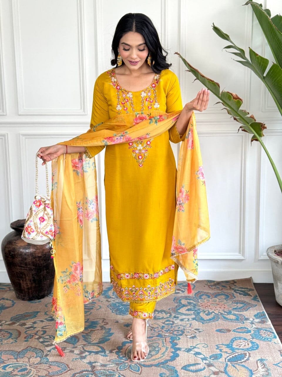 Mango Yellow Embroidered Chanderi Top with Silk Dupatta and Pant set Kurti with Bottom and Dupatta Shopin Di Apparels