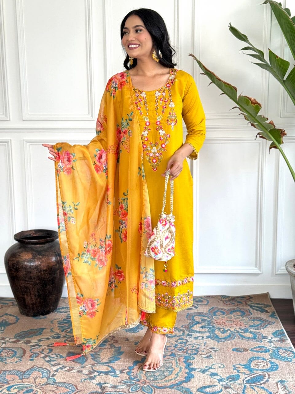 Mango Yellow Embroidered Chanderi Top with Silk Dupatta and Pant set Kurti with Bottom and Dupatta Shopin Di Apparels