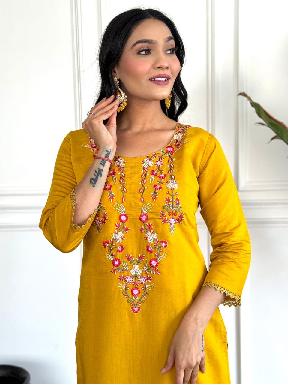 Mango Yellow Embroidered Chanderi Top with Silk Dupatta and Pant set Kurti with Bottom and Dupatta Shopin Di Apparels