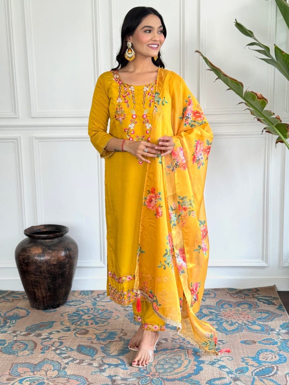 Mango Yellow Embroidered Chanderi Top with Silk Dupatta and Pant set Kurti with Bottom and Dupatta Shopin Di Apparels