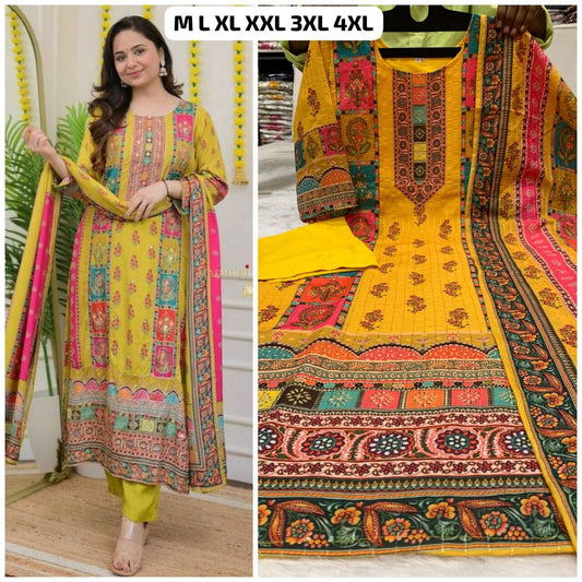 Mango Yellow Multicolour Printed Long Kurti with Dupatta and Bottom Kurti with Bottom and Dupatta Shopin Di Apparels