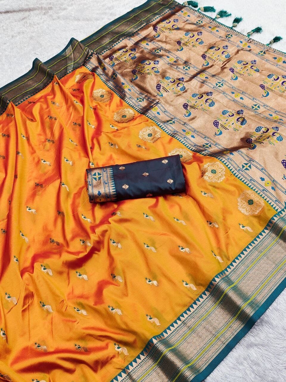 Mango Yellow Peacock Paithani Silk Saree with Zari Meenakari Weaving & Tassels Silk Saree Shopin Di Apparels