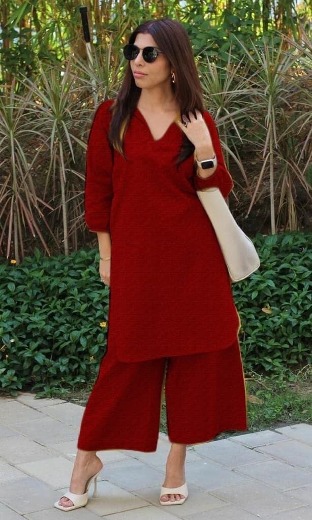 Maroon Cotton Slub Monochrome Kurti with Pant Set Kurti with Pant Shopin Di Apparels