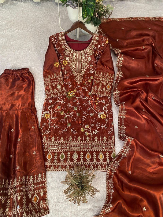 Maroon Designer Jimmy Choo Sequence Work Sharara suit Ready to Wear Designer Suits Shopin Di Apparels