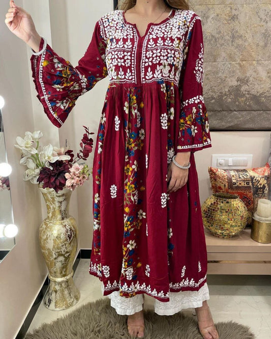 Maroon Designer Rayon Kurti with White Embroidery and Plazzo set Kurti with Pant Shopin Di Apparels