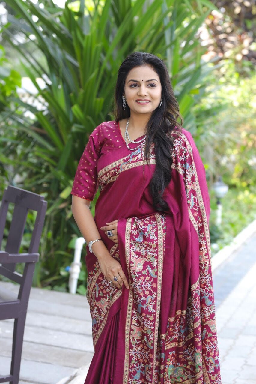 Maroon Dola Silk saree With Mill Foil Print Silk Saree Shopin Di Apparels