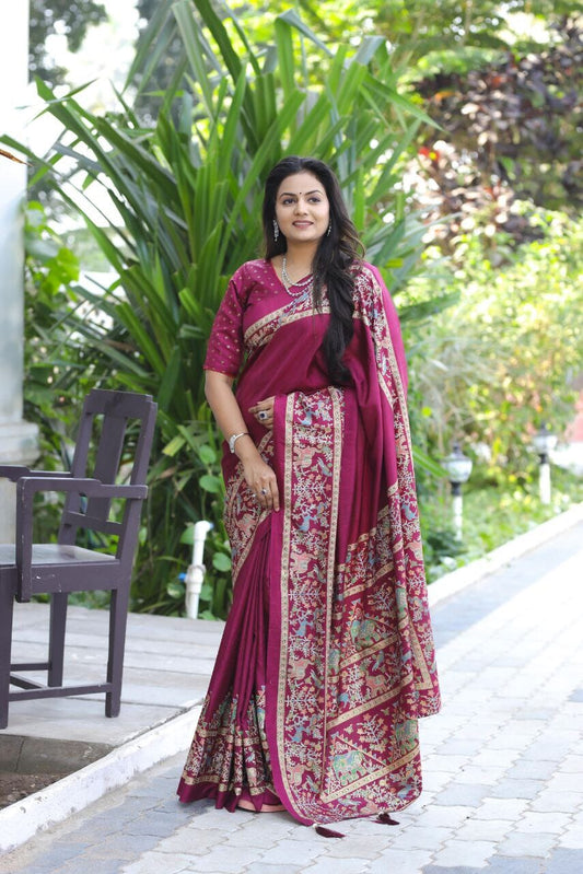 Maroon Dola Silk saree With Mill Foil Print Silk Saree Shopin Di Apparels