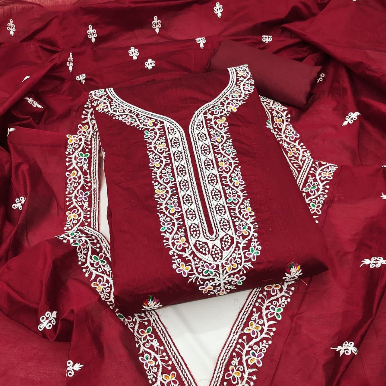 Maroon Heavy Chanderi Neck Embroidery Dress Material Dress Material Shopin Di Apparels