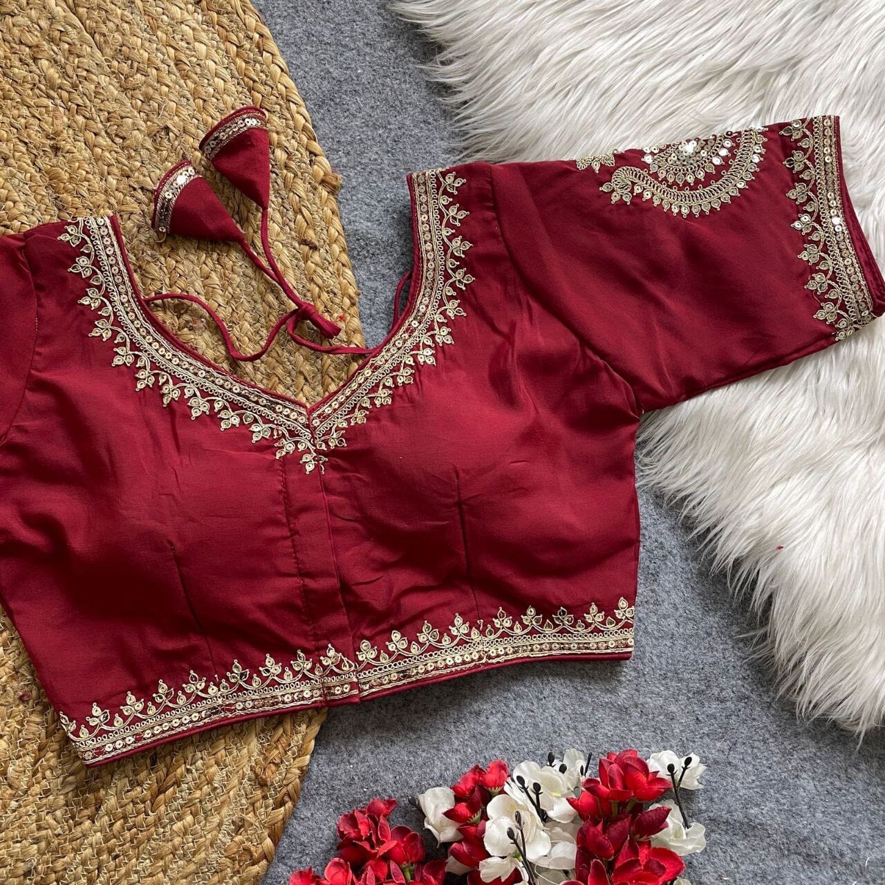 Maroon Heavy Pure Roman Silk Embroidered Sequence Work Readymade Blouse Shopin Di Apparels
