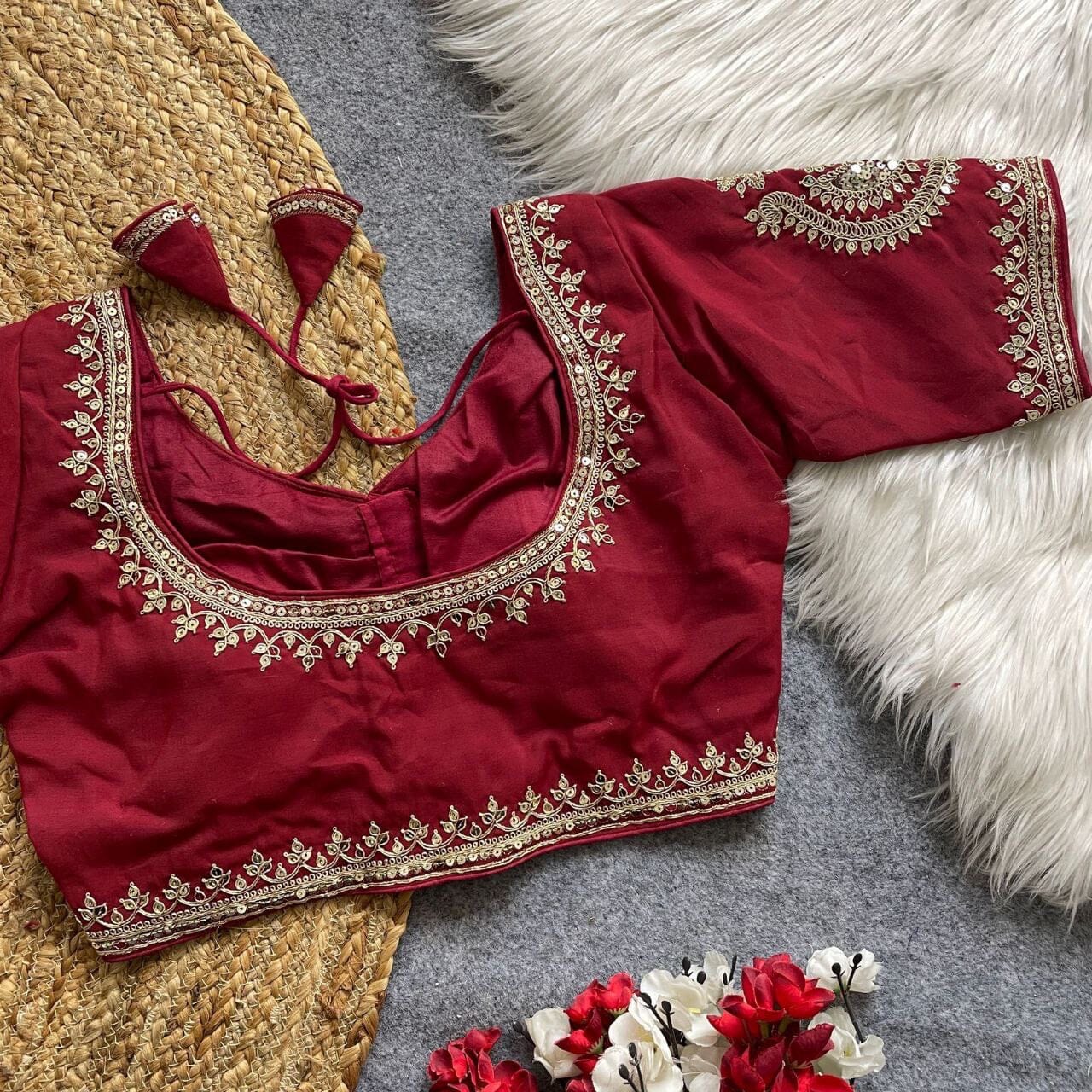 Maroon Heavy Pure Roman Silk Embroidered Sequence Work Readymade Blouse Shopin Di Apparels