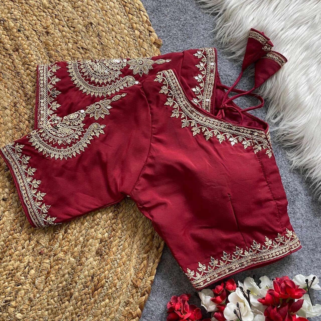 Maroon Heavy Pure Roman Silk Embroidered Sequence Work Readymade Blouse Shopin Di Apparels