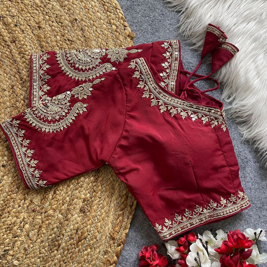 Maroon Heavy Pure Roman Silk Embroidered Sequence Work Readymade Blouse Shopin Di Apparels