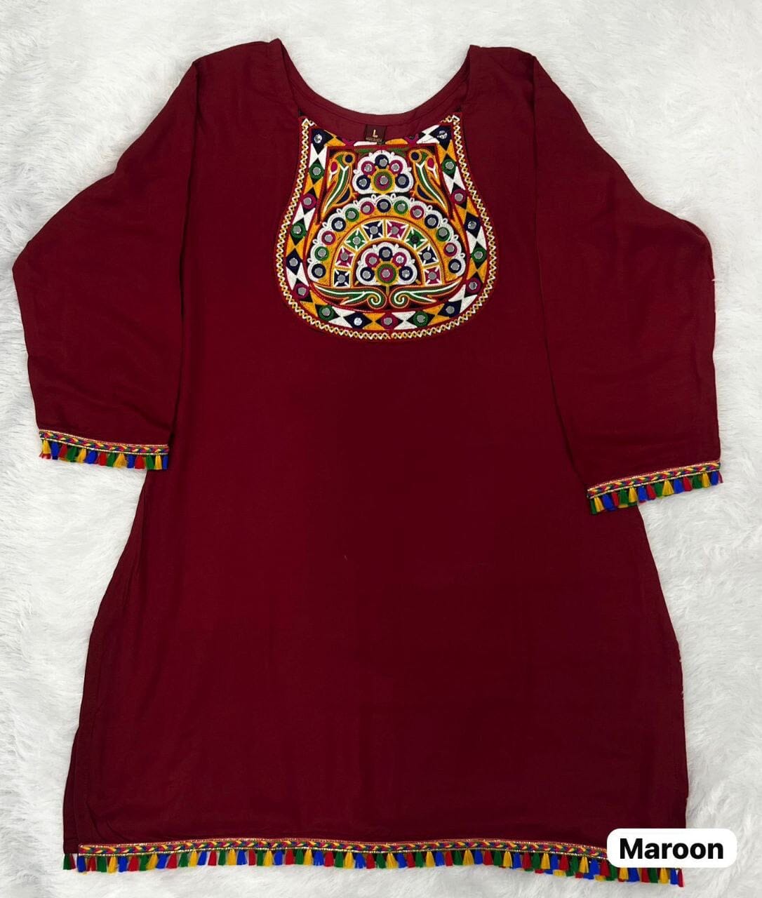 Maroon Heavy Rayon Short Top With Gamthi Lace and mirror work Western Top Shopin Di Apparels