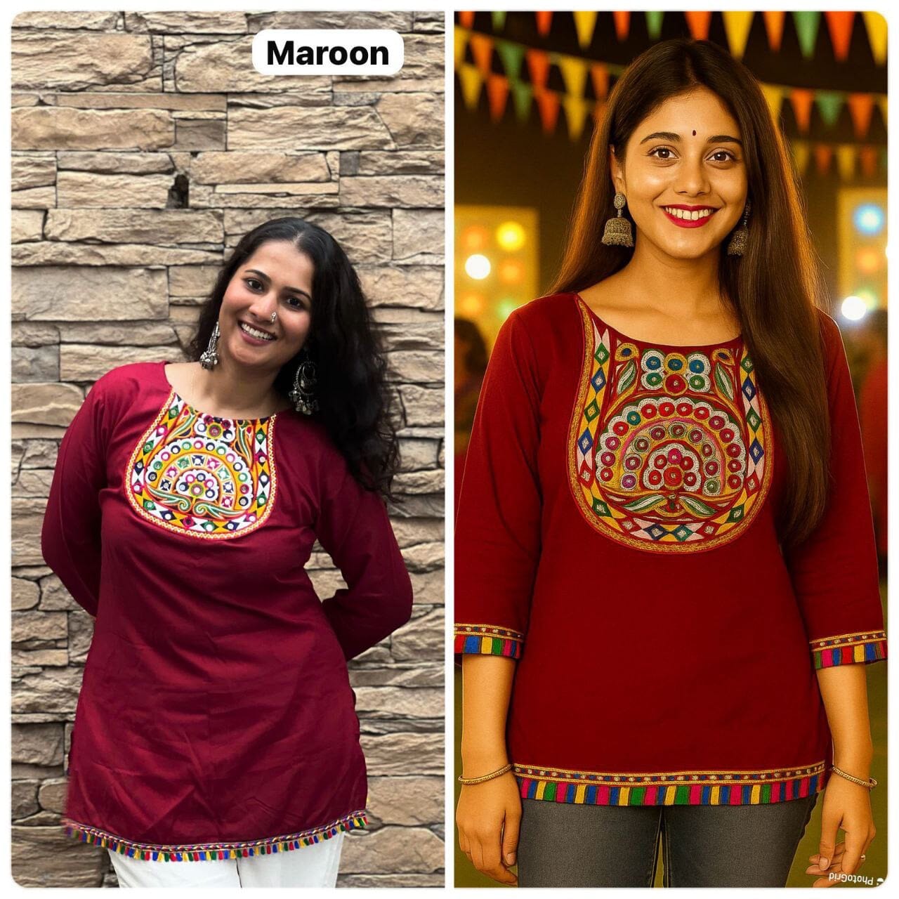 Maroon Heavy Rayon Short Top With Gamthi Lace and mirror work Western Top Shopin Di Apparels